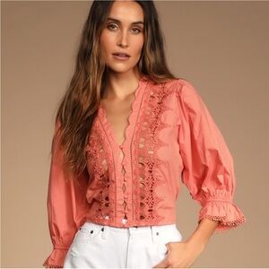 Free People NWT Louella Embroidered Lace Top Savannah Red Large Lace V-Neck Boho